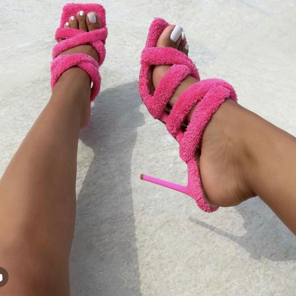 PALMA PINK TOWEL CROSS STRAP HIGH HEEL MULES